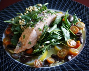Steamed Salmon & Spinach Salad, Meyer Lemon Cream