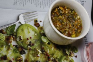 heirloom tomato salad, burrata, pistachio relish