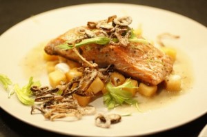 Salmon with Cantaloupe, Horseradish Vinaigrette