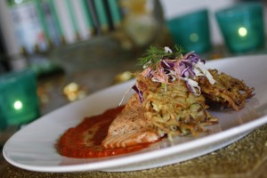 Roasted Salmon, Latkes, Slaw & Red Pepper Sauce