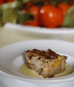 persimmon bread pudding, bourbon creme anglaise