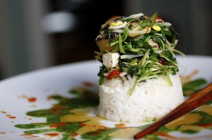 The Ultimate Vegetable Stir-Fry Tower, Three Vibrant Sauces