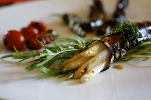 white asparagus wrapped in japanese eggplant