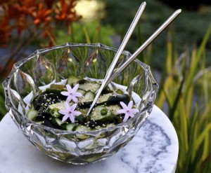 spicy pickled cucumber, wakame, garlic blossom