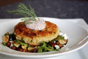 Warm Herbed Quinoa Cake, Kalamata Aioli