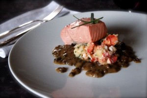 Poached Salmon, Lobster Mash, Lentil Gumbo “Gravy”