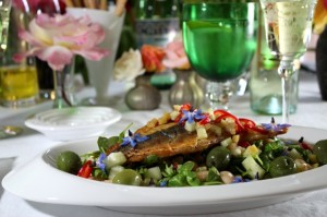 Pan-Seared Branzino, Cucumber Salmoriglio, Borage Blossoms