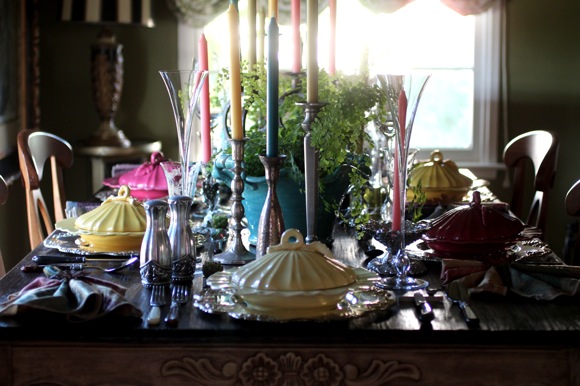 white point home tour , colorful table setting