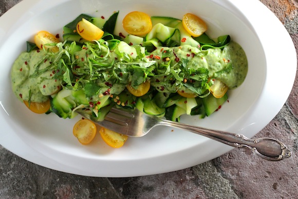 healthy & light: zucchini "pappardelle" with avocado "cream"