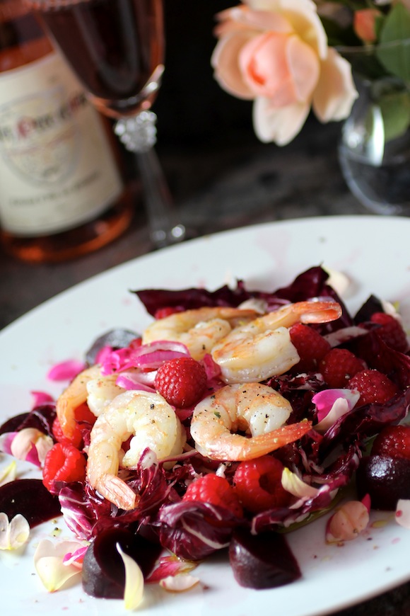 shrimp, beet, raspberry, radicchio, rose salad