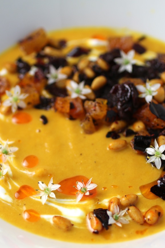 Sweet and Spicy Pumpkin Apple Soup with Dried Fruit, Pine Nuts, Chile de Arbol 