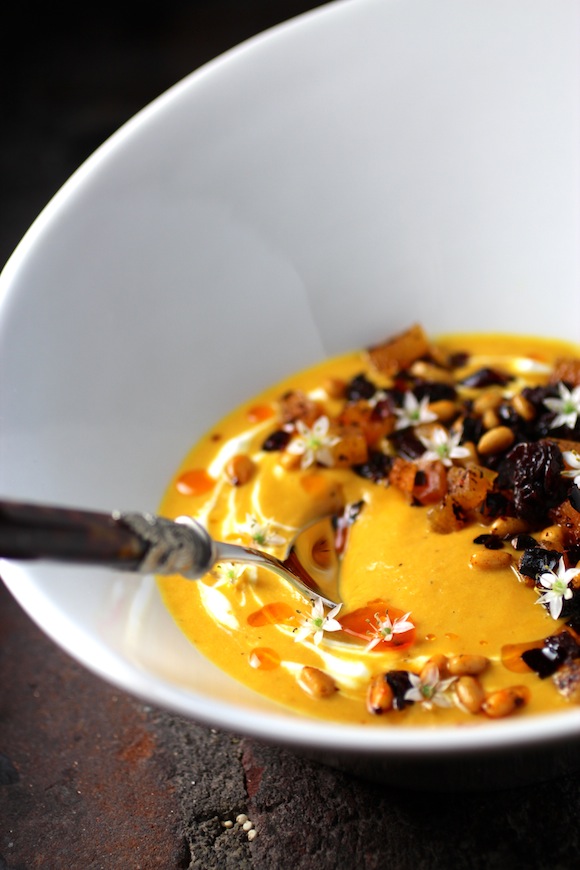 Sweet and Spicy Pumpkin Apple Soup with Dried Fruit, Pine Nuts, Chile de Arbol 