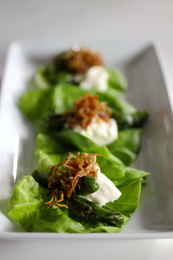 Korean Fusion: Lettuce Wraps with Burrata Cheese, Shishito Pepper, Stir-Fried Anchovy