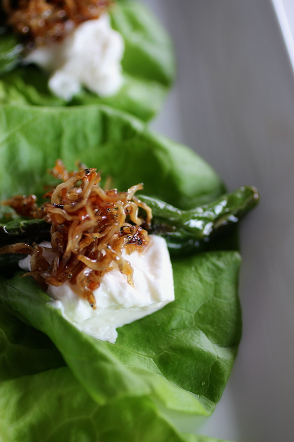 Korean Fusion: Lettuce Wraps with Burrata, Shishito, Anchovy