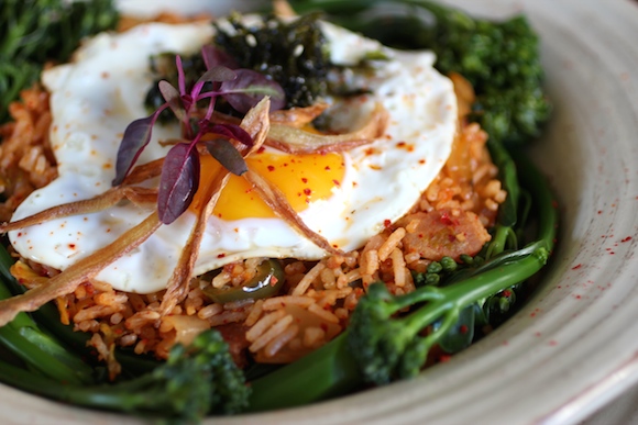 Kimchi Fried Rice with Broccolini, Egg, Bacon