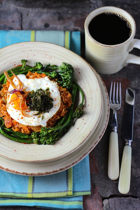 Kimchi Fried Rice with Broccolini, Egg, Bacon