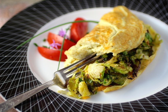 Quinoa Omelette filled with Roasted Brussels Sprouts and Cheddar