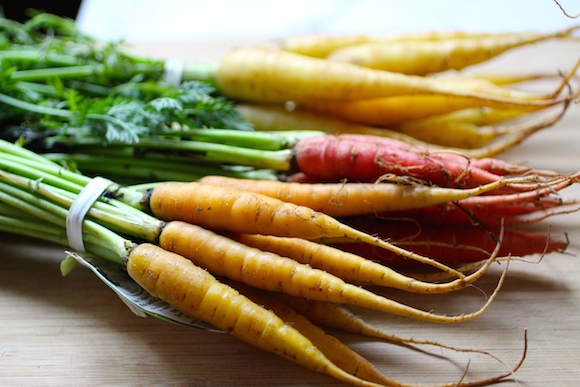 pink, yellow, white baby carrots