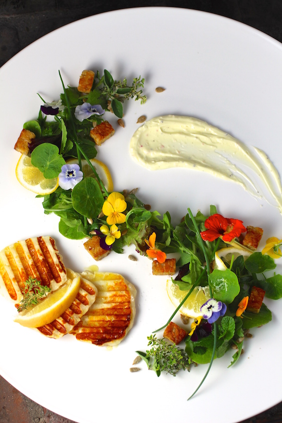 "Grilled Cheese" Salad, Savory Meyer Lemon Whipped Cream, Edible Flowers