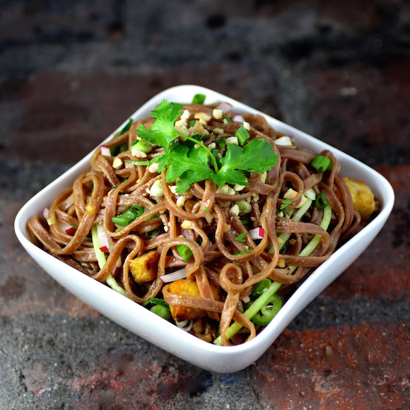 Red Rice Pad Thai Noodles with Stir-Fried Tempeh and Savory Peanut Sauce {Vegan}