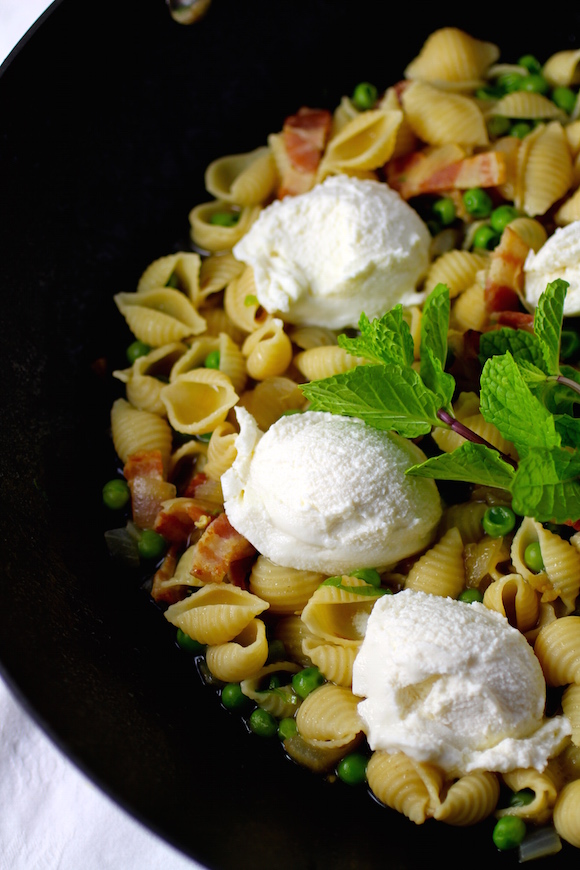 Pasta with Peas, Bacon, Mint, and Ricotta