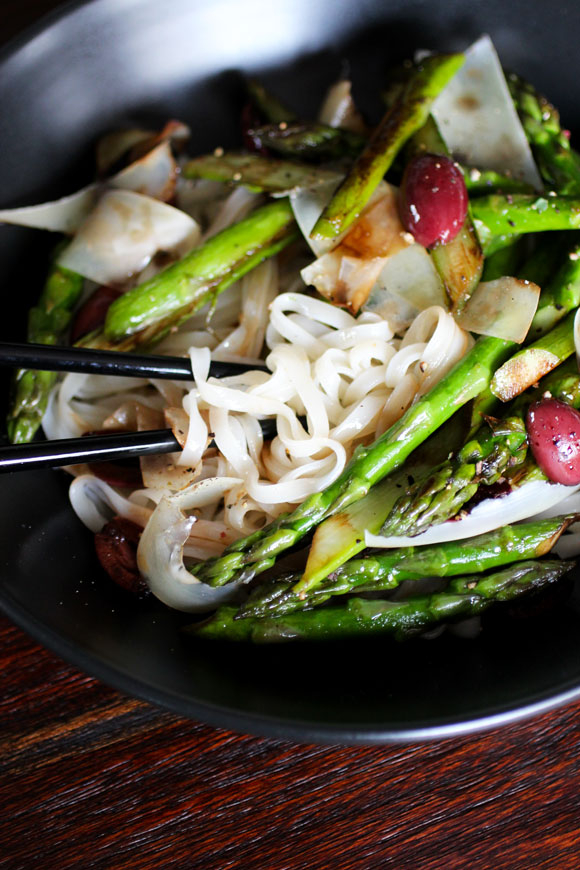 Rice Noodles with Pan-Roasted Asparagus, Olives, Parmesan
