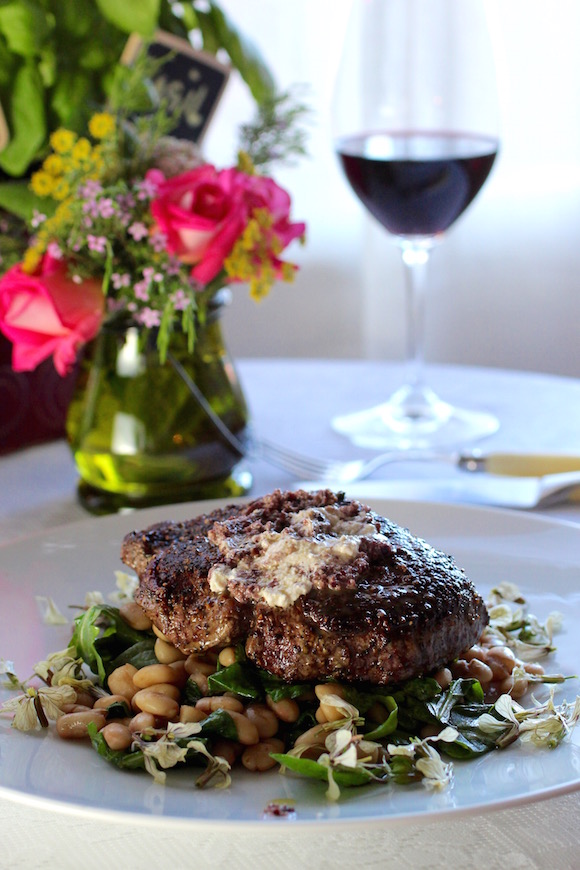 Beef Filet, Horseradish-Olive Tapenade, Cannellini Beans, Spinach, Arugula Flowers