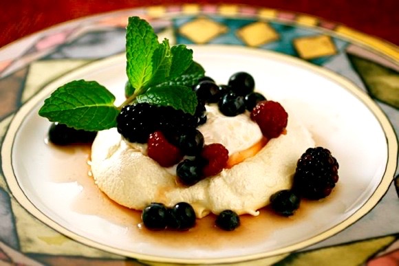 PAVLOVA Blueberry, Raspberry, and Blackberry in Chai Lavender Syrup Greek Yogurt and Mint