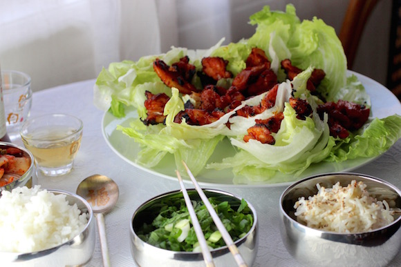 Korean BBQ Chicken, Lettuce Cups, White Seaweed Salad