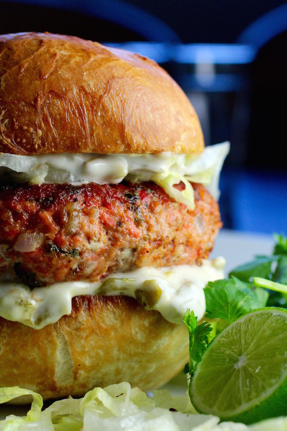 "Margarita" Salmon Burger with Tequila, Lime, and Hatch Chiles