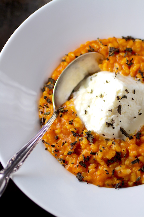 Smoky Pumpkin Risotto Stuffed with Burrata, Crumbled Fried Sage