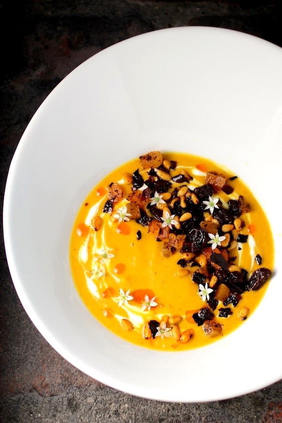 SOUP BLISS  Sweet and Spicy Pumpkin Apple Soup Dried Apricot, Cherries, and Raisins Pine Nuts, Chile de Arbol, Creme Fraiche, Chive Blossoms