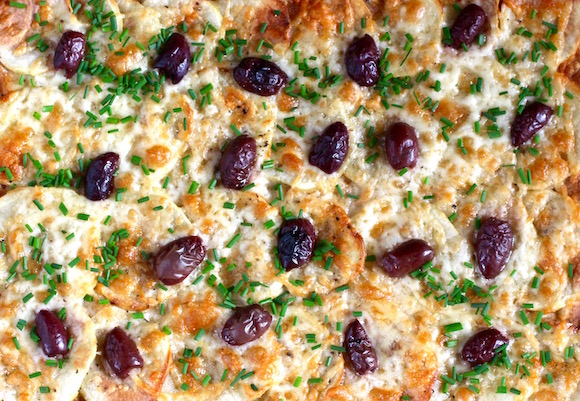 Flatbread Pizza: Potato, Arugula, Sour Cream, Chives, Olive, Truffle, Lemon