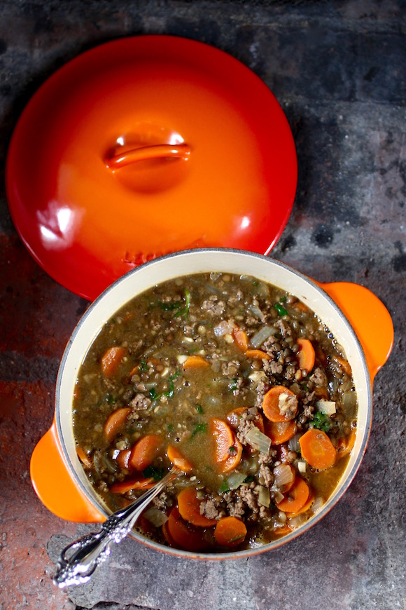 Wintery French Lentil Soup with Beef, Carrots, Sherry Vinegar, Parmesan, Cilantro