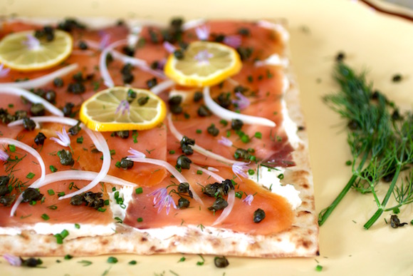 Smoked Salmon Pizza, Chive Blossoms, Fried Capers, Horseradish Cream Cheese
