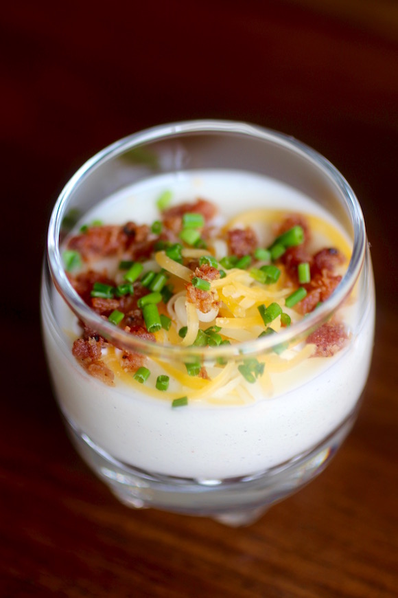 Baked Potato Shooters! Bacon, Mexican Crema, Cheese, and Chives