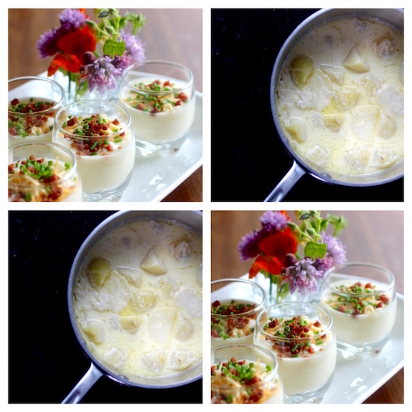Baked Potato Shooters Recipe with Bacon, Mexican Crema, Cheese, and Chives, Chive Blossoms Too