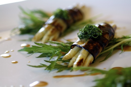 white asparagus, eggplant, mizuna
