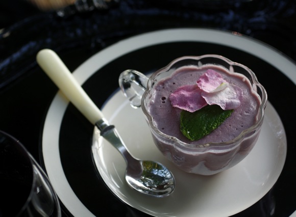 Blackberry Lavender Mascarpone Sorbet with Sugared Rose Petals and Mint