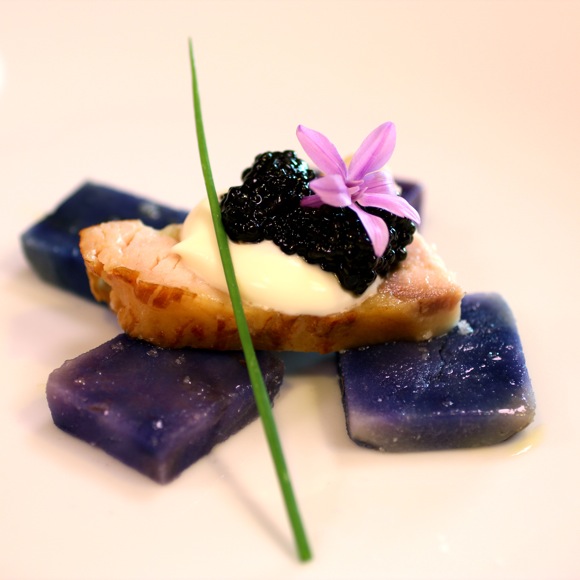 smoked sturgeon, purple potato, caviar