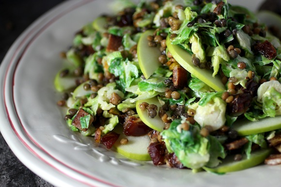 brussels sprout lentil salad, tahini vinaigrette