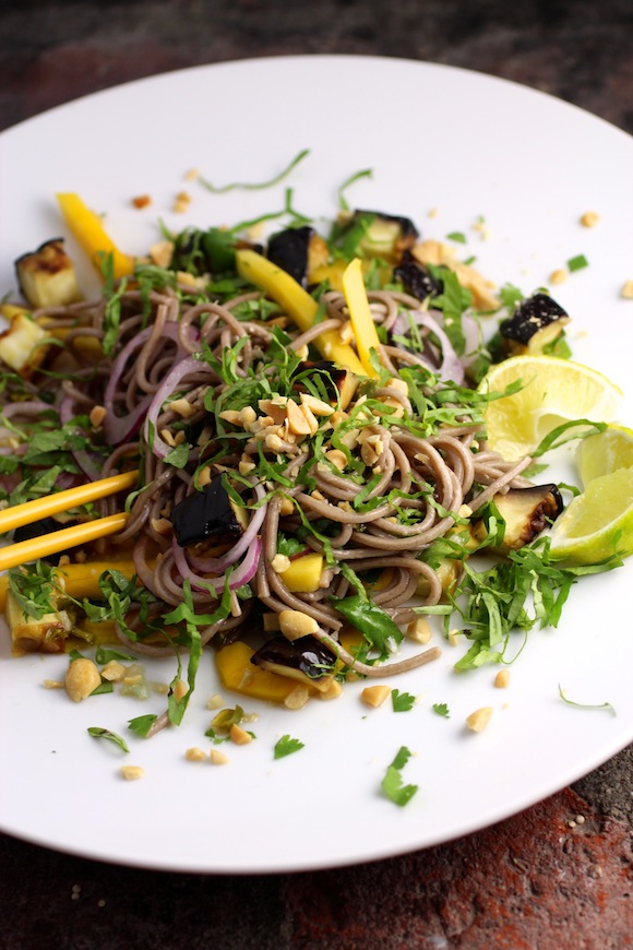 cold soba noodles with eggplant and mango