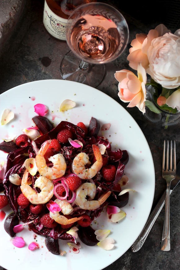 shrimp, beet, raspberry, radicchio, rose salad