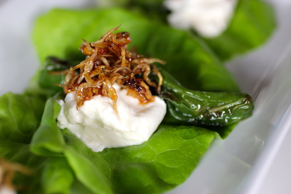Korean Fusion: Lettuce Wraps with Burrata Cheese, Shishito Pepper, Stir-Fried Anchovy