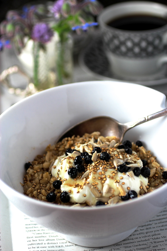 Oatmeal Topped with Non-Fat Greek Yogurt Toasted Quinoa, Dried Blueberries, Sunflower Seeds,