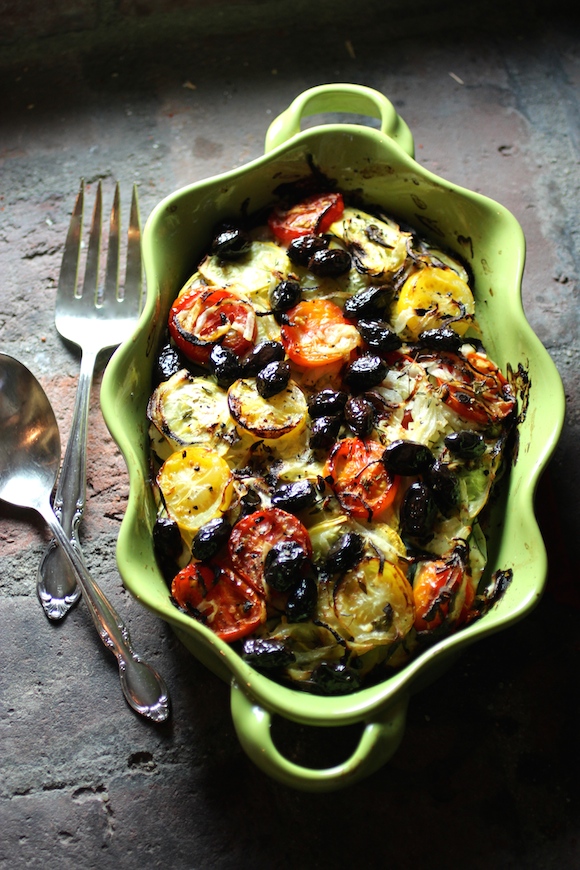Colorful Vegetable Casserole with Fresh Herbs and Cured Black Olives