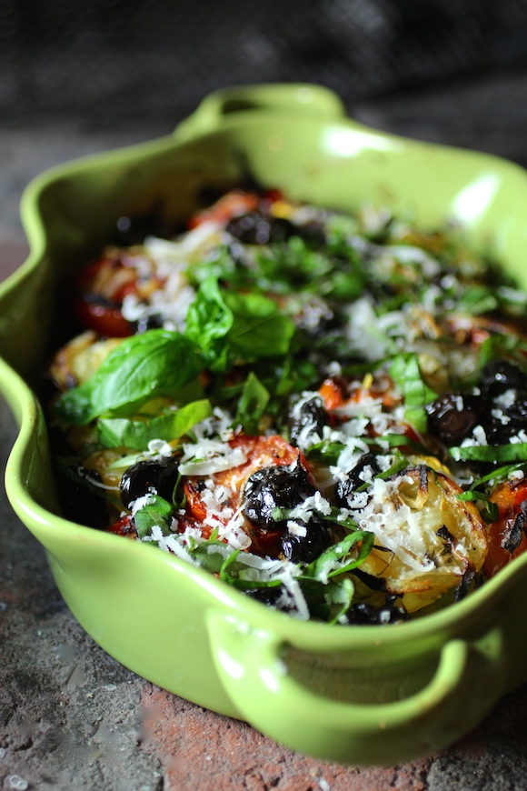Vegetable Casserole with Fresh Herbs, Lemons, and Cured Black Olives