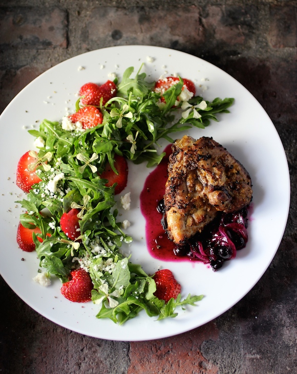 Patriotic Grilled Chicken, Blueberry Compote, Strawberry Arugula Salad