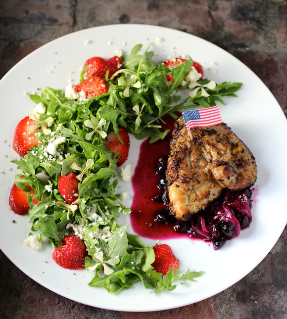 Patriotic Grilled Chicken, Savory Blueberry Compote, Strawberry Arugula Salad
