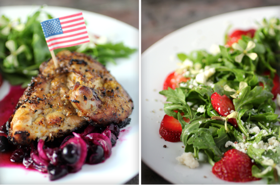Patriotic Grilled Chicken, Savory Blueberry Compote, Strawberry Arugula Salad